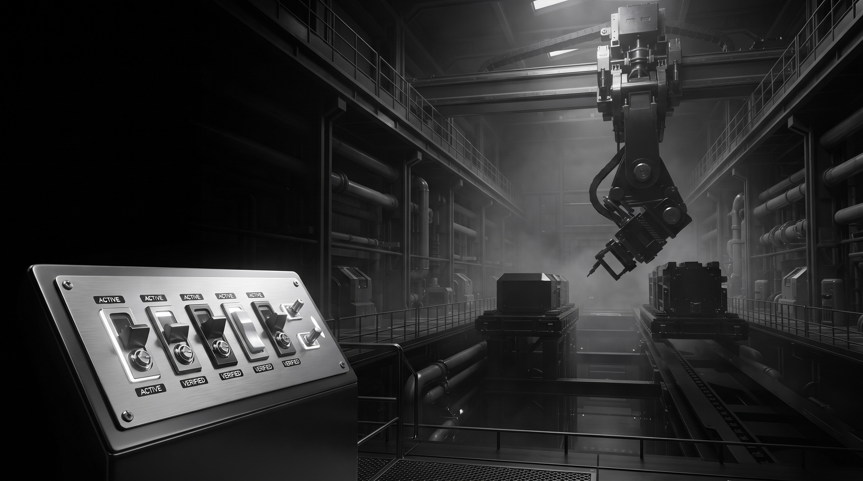 A robotic arm over a dark bay in a grayscale industrial facility — a control panel in the foreground, the machine working a target