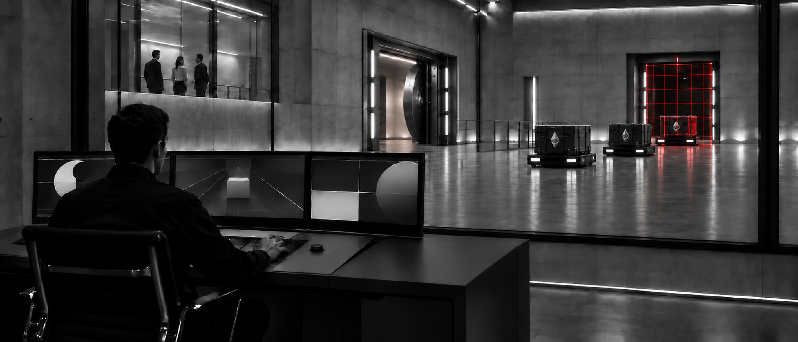 One operator at a single console releases sealed cases, each marked with a diamond emblem, from an open vault toward a red-lit gate. Observers beyond the glass can see the release. They are not authorizing it.