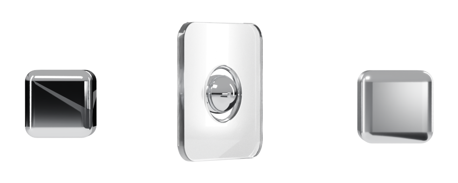 A chrome cube, a glass gate holding a sphere, and a second chrome cube, in a line from left to right.