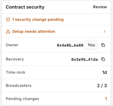 The Bloxchain Platform Contract security panel: one security change pending, owner, recovery, a one-day time-lock and two of three broadcasters.